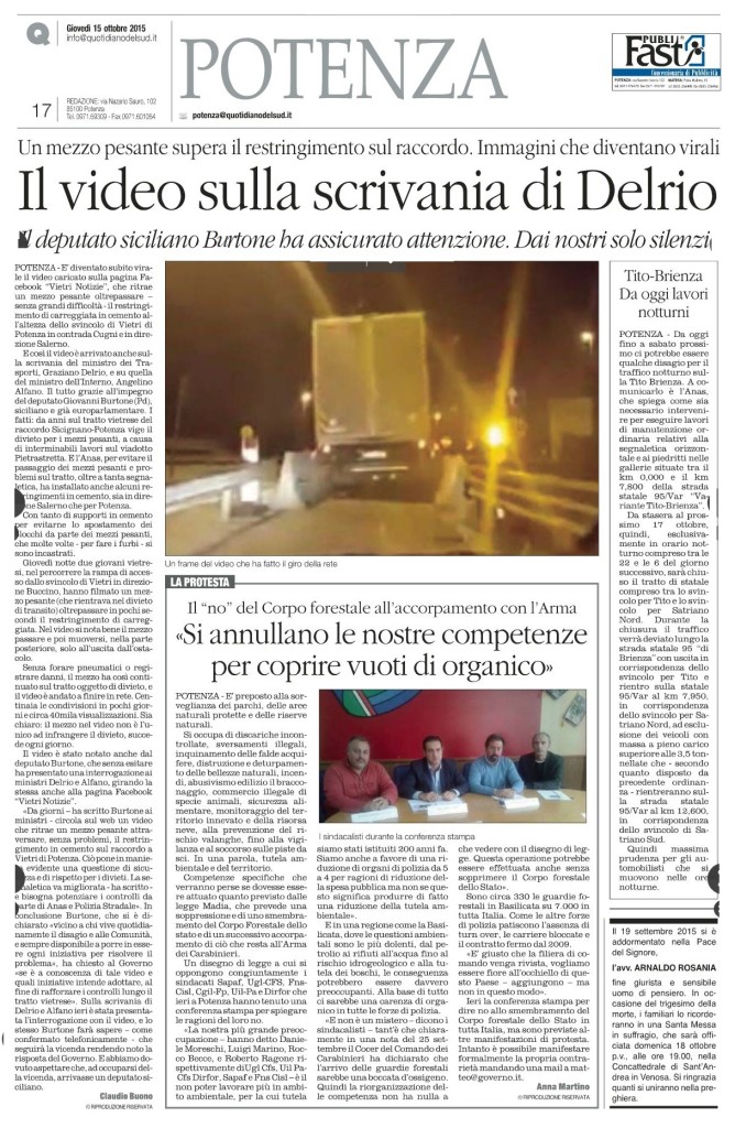 L'articolo pubblicato ieri 15.10.2015 sul "Quotidiano del Sud"